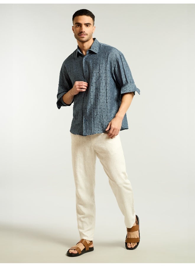 Beyoung Airforce Blue Textured Jacquard Shirt  - Image 5
