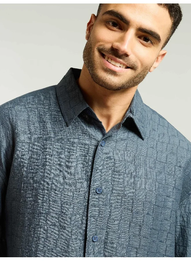 Beyoung Airforce Blue Textured Jacquard Shirt