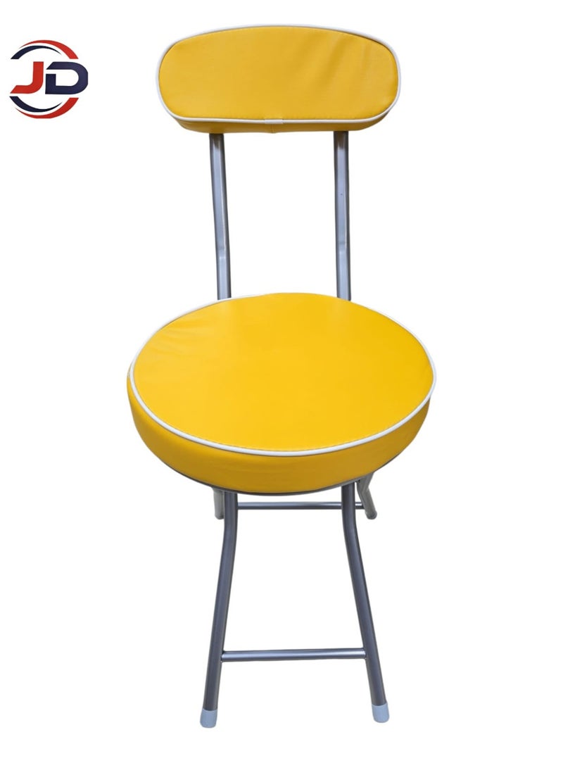 A foldable prayer chair featuring a rounded design, a backrest, and a black metal frame, with a padded seat and backrest available in various colors.
