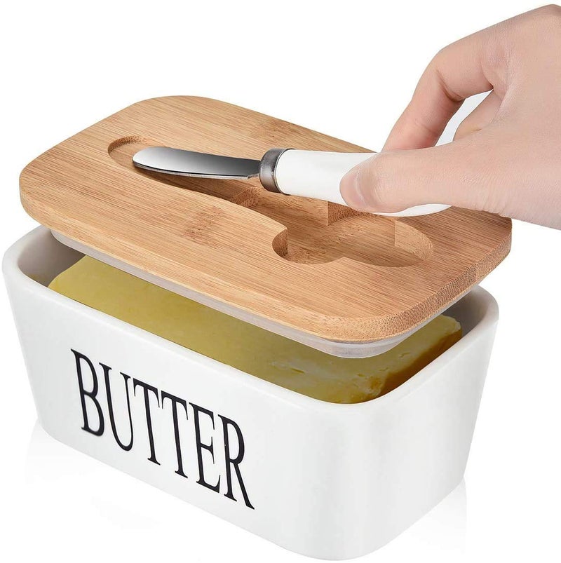 Funito Large Butter Dish with knife Holds Up to 2 Sticks Ceramics Butter Keeper Container with Bamboo Lid and Stainless Steel Doublelayer Silicone Sealing Butter Dishes with Covers Good Kitchen Gift White - Image 1