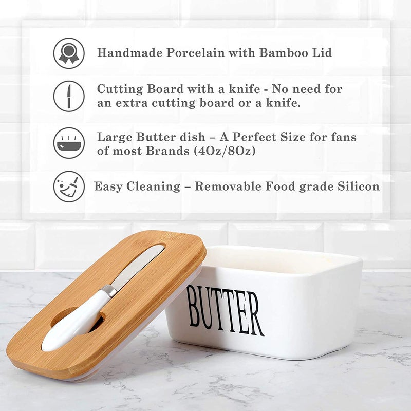 Funito Large Butter Dish with knife Holds Up to 2 Sticks Ceramics Butter Keeper Container with Bamboo Lid and Stainless Steel Doublelayer Silicone Sealing Butter Dishes with Covers Good Kitchen Gift White - Image 3