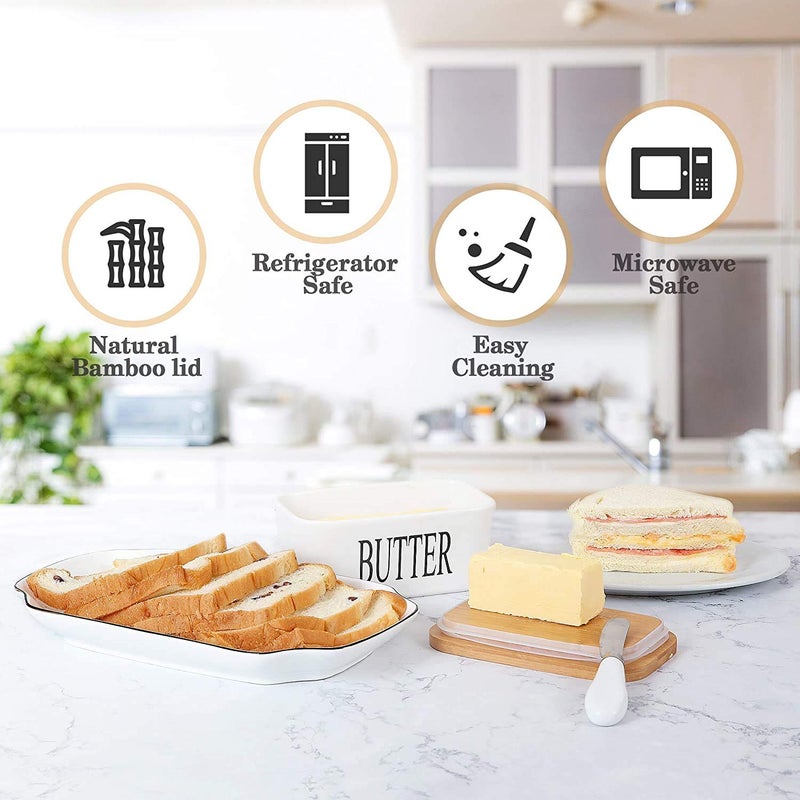 Funito Large Butter Dish with knife Holds Up to 2 Sticks Ceramics Butter Keeper Container with Bamboo Lid and Stainless Steel Doublelayer Silicone Sealing Butter Dishes with Covers Good Kitchen Gift White - Image 4