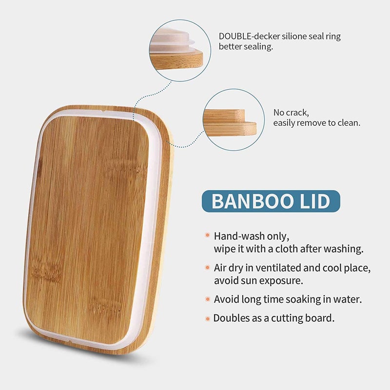 Funito Large Butter Dish with knife Holds Up to 2 Sticks Ceramics Butter Keeper Container with Bamboo Lid and Stainless Steel Doublelayer Silicone Sealing Butter Dishes with Covers Good Kitchen Gift White - Image 2