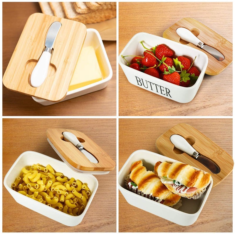 Funito Large Butter Dish with knife Holds Up to 2 Sticks Ceramics Butter Keeper Container with Bamboo Lid and Stainless Steel Doublelayer Silicone Sealing Butter Dishes with Covers Good Kitchen Gift White - Image 5