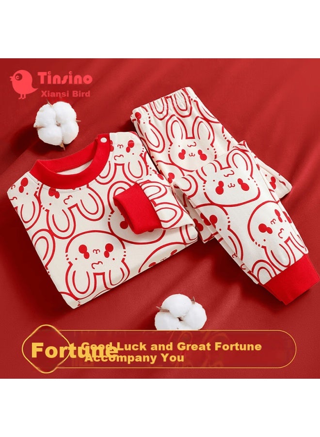 Tinsino Kids Homewear Boys And Girls Underwear Set Red Pajamas With Little Red Rabbit And Bear For Toddlers And Children - Image 1