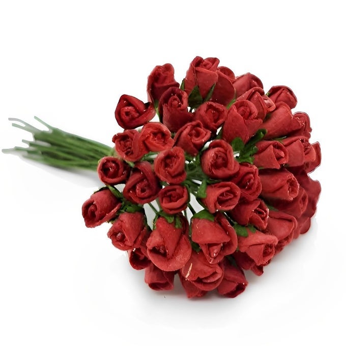 TINY INCH DIAMETER RED ROSEBUD PAPER ROSE 50 PIECES BUNCH OF FLOWERS FOR SCRAPBOOK CRAFT MULBERRY PAPER MINI ARTIFICIAL FLOWER CARD WEDDING DOLLHOUSE DCOR