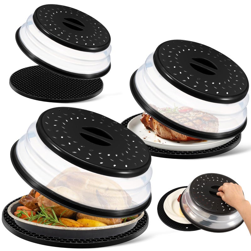 Baderke 3 Set Microwave Food Cover and Silicone Mat 78 105 12 Microwave Splatter Cover for Food Collapsible Vented Microwave Splatter Guard Lid Microwave Plate Dish Cover with Handle - Image 2