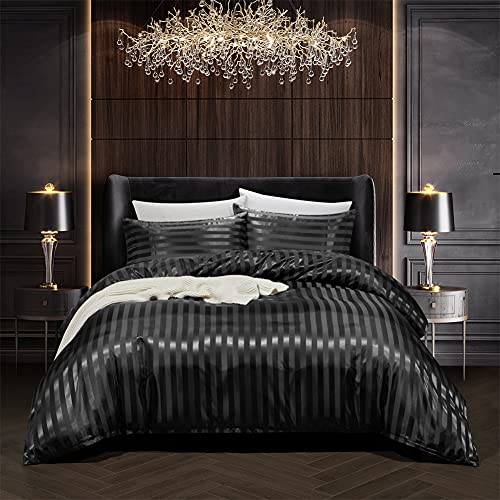 RevenRella 3 Piece Satin Duvet Cover Set Bedding Sets Italian Style 1800 Series Luxury Rich Silk Silky Super Soft Stripes Hidden Zipper Closure Reversible Wrinkle Free HoneymoonBlack King