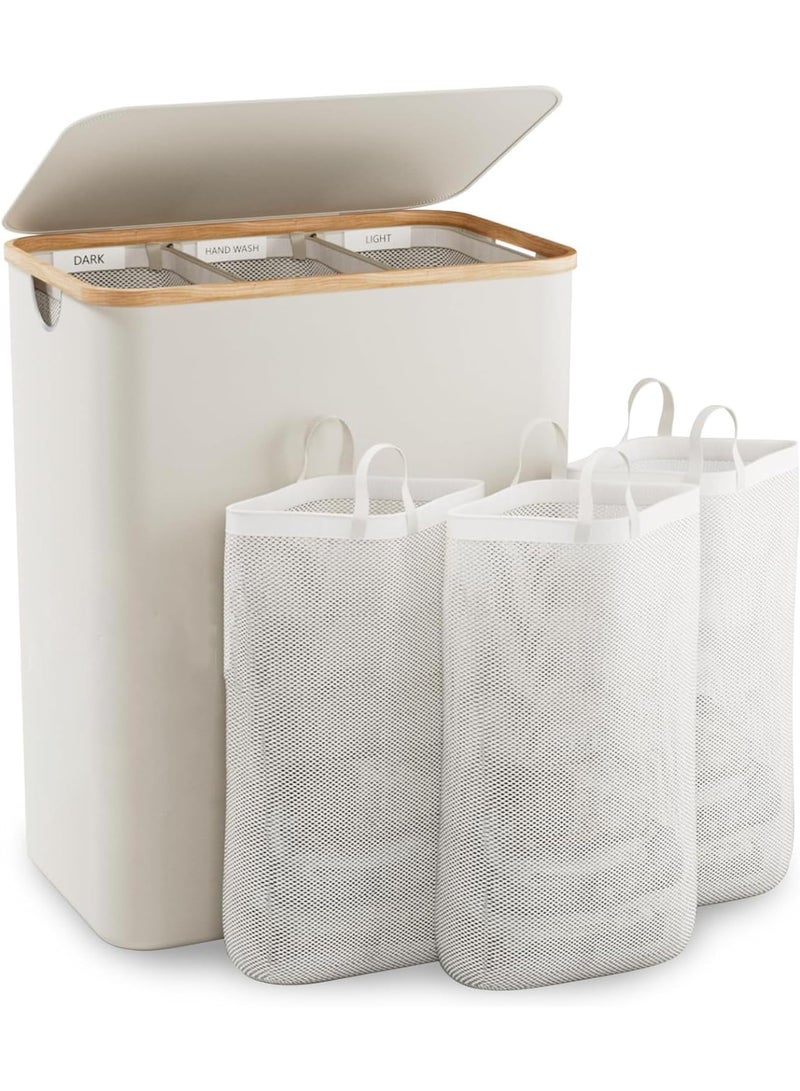 RATSAW Laundry Basket 3 Section Extra Large Laundry Hampers With Lid Laundry Laundry Bag Divided Hamper With Removable Bags Foldable for Bathroom Bedroom Beige 160 L - Image 1