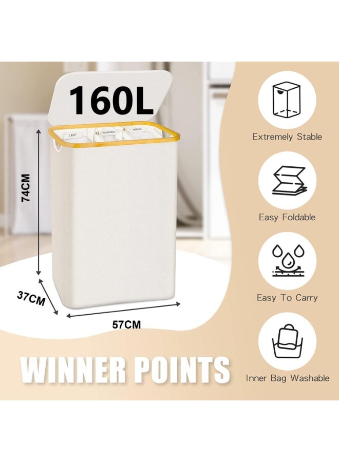 RATSAW Laundry Basket 3 Section Extra Large Laundry Hampers With Lid Laundry Laundry Bag Divided Hamper With Removable Bags Foldable for Bathroom Bedroom Beige 160 L - Image 2
