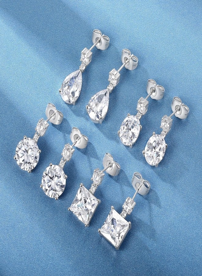 MDFUN 4 Pairs Teardrop Dangle Stud Earrings Set for Women, 18K White Gold Plated Round Princess Cut Clear Cubic Zirconia Tear Drop Dangle Stud Earrings Hypoallergenic Jewelry - Image 4