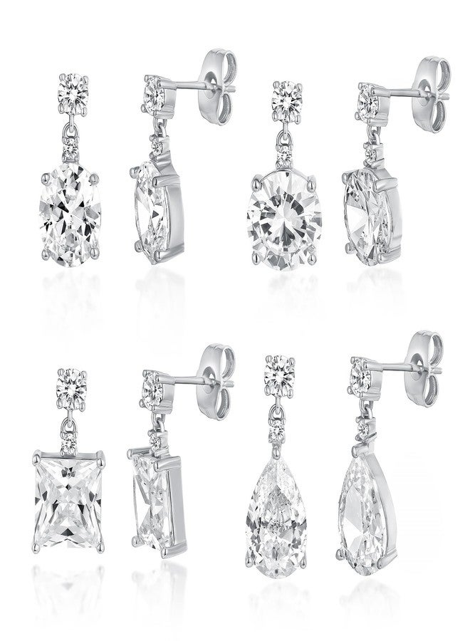 MDFUN 4 Pairs Teardrop Dangle Stud Earrings Set for Women, 18K White Gold Plated Round Princess Cut Clear Cubic Zirconia Tear Drop Dangle Stud Earrings Hypoallergenic Jewelry - Image 1
