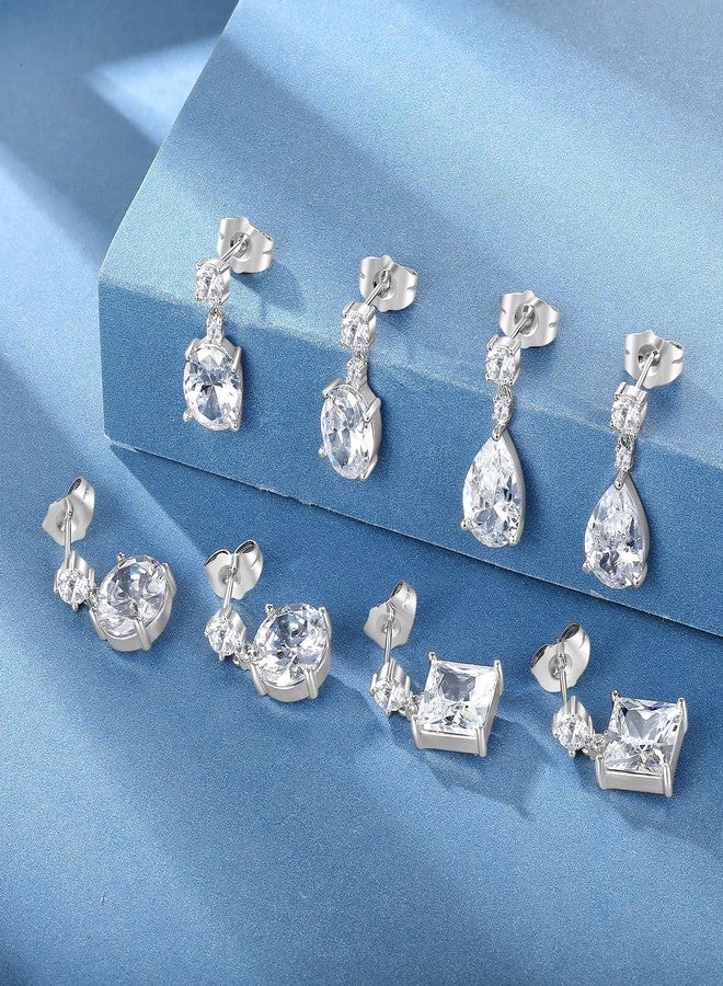 MDFUN 4 Pairs Teardrop Dangle Stud Earrings Set for Women, 18K White Gold Plated Round Princess Cut Clear Cubic Zirconia Tear Drop Dangle Stud Earrings Hypoallergenic Jewelry - Image 3