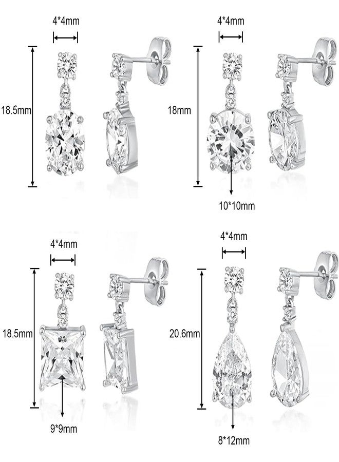 MDFUN 4 Pairs Teardrop Dangle Stud Earrings Set for Women, 18K White Gold Plated Round Princess Cut Clear Cubic Zirconia Tear Drop Dangle Stud Earrings Hypoallergenic Jewelry - Image 5