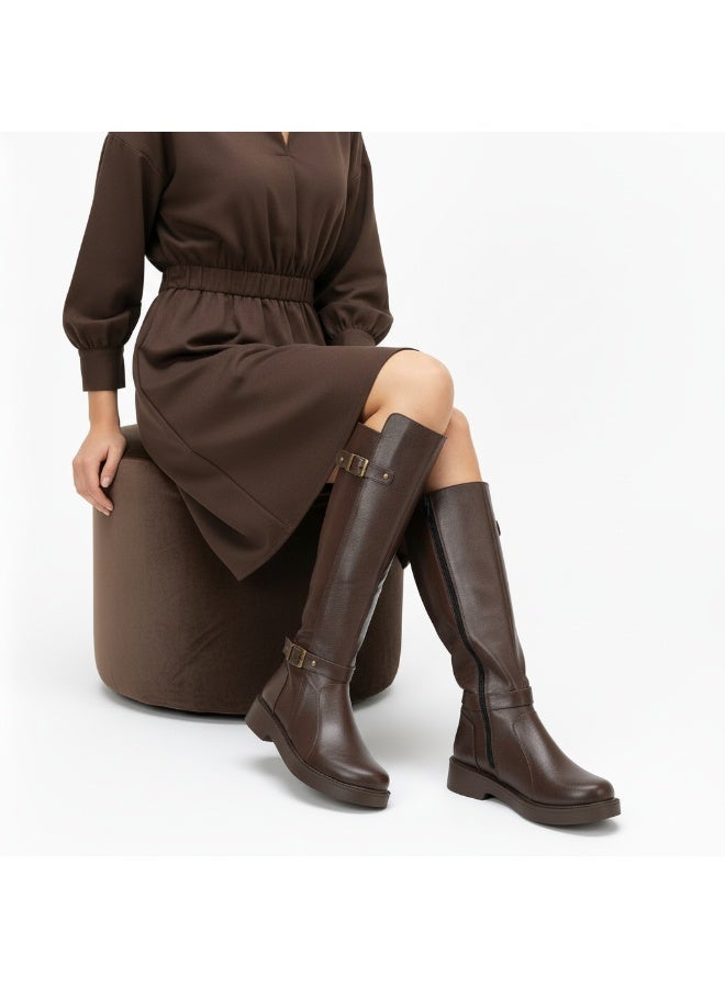 لايف ستيلاش  بوت طويل بكعب متوسط من الجلد أنيق LB-41 - بني - Image 1