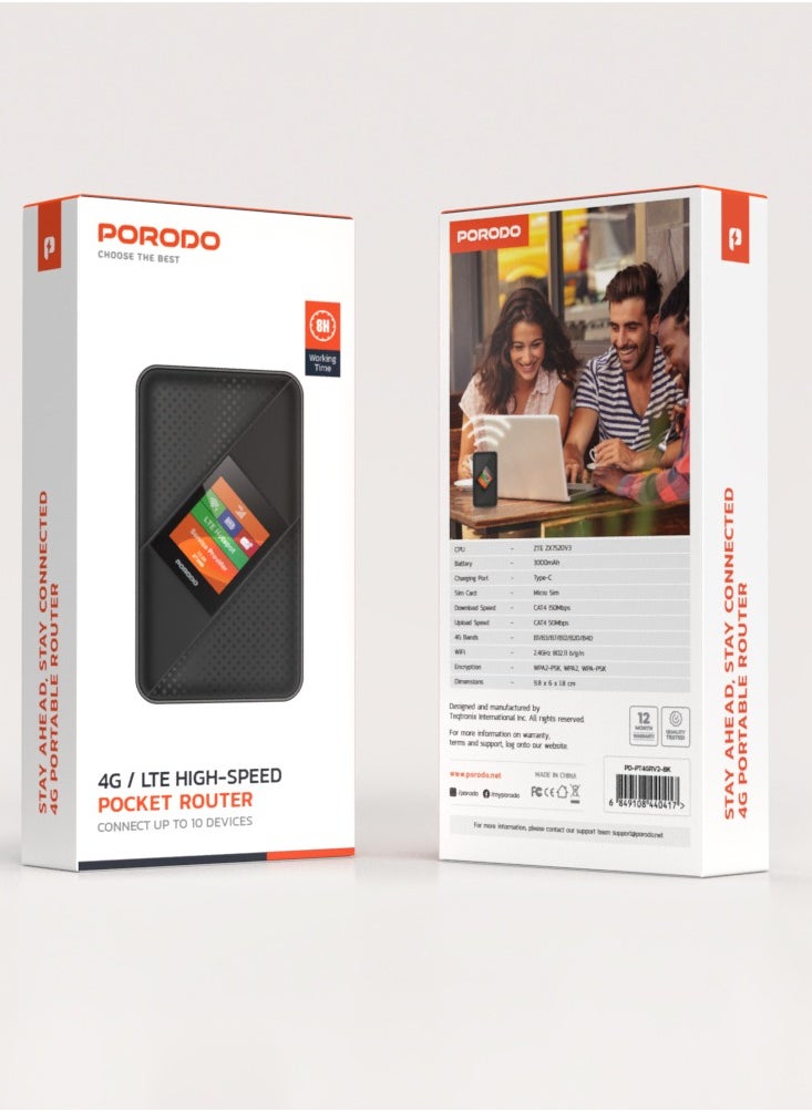 porodo - Portable Router CAT4 V2 / 4G / LTE High-Speed Pocket Router / Connect Up To 10 Devices /40M Signal Distance /Secure Connection/ Travel Friendly - Black - Image 1