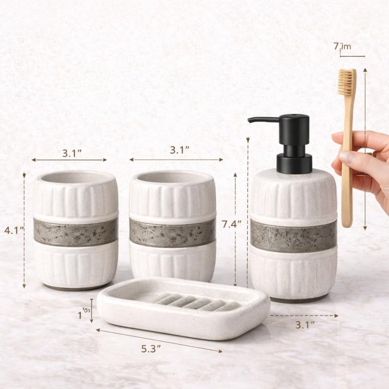 Modern 4 Piece Beige Stone Texture Bathroom Set - Soap Dispenser, Brush Cup, Soap Dish, Natural Elegant Style Adds A Touch Of Luxury To Bathroom - Image 4