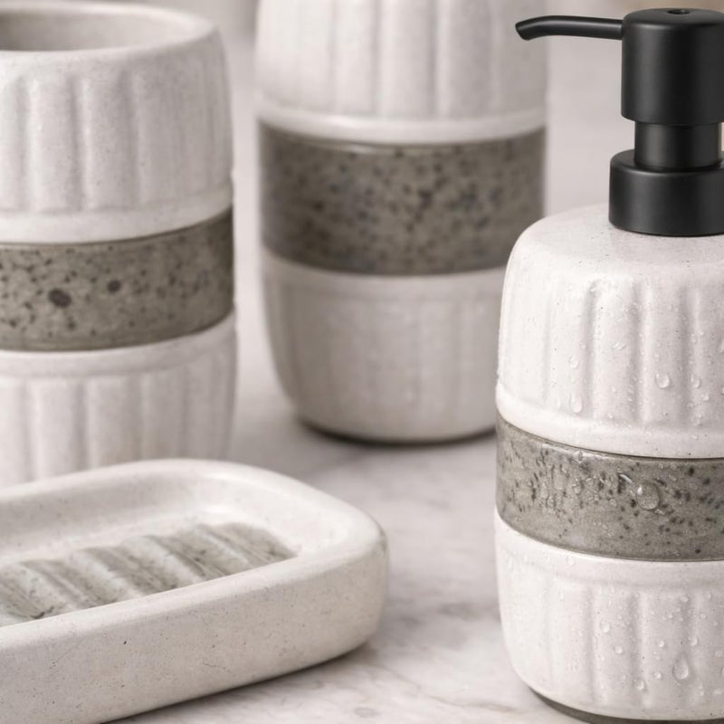 Modern 4 Piece Beige Stone Texture Bathroom Set - Soap Dispenser, Brush Cup, Soap Dish, Natural Elegant Style Adds A Touch Of Luxury To Bathroom - Image 3