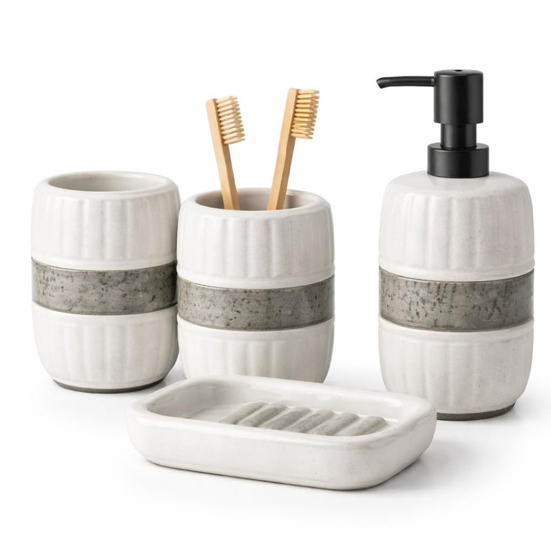 Modern 4 Piece Beige Stone Texture Bathroom Set - Soap Dispenser, Brush Cup, Soap Dish, Natural Elegant Style Adds A Touch Of Luxury To Bathroom - Image 1