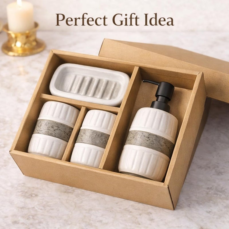 Modern 4 Piece Beige Stone Texture Bathroom Set - Soap Dispenser, Brush Cup, Soap Dish, Natural Elegant Style Adds A Touch Of Luxury To Bathroom - Image 5