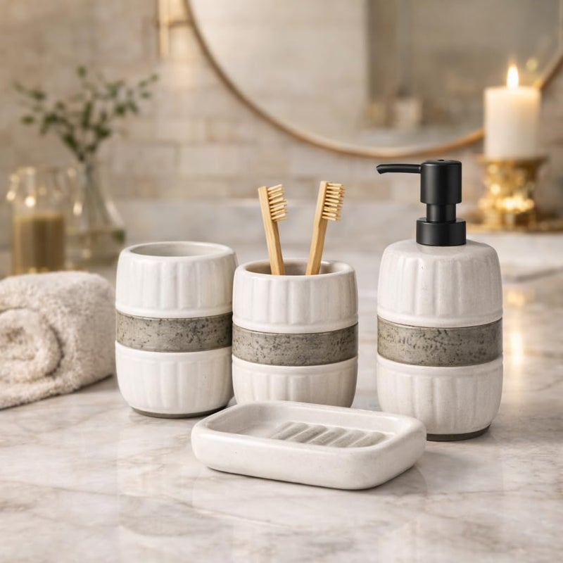 Modern 4 Piece Beige Stone Texture Bathroom Set - Soap Dispenser, Brush Cup, Soap Dish, Natural Elegant Style Adds A Touch Of Luxury To Bathroom - Image 2