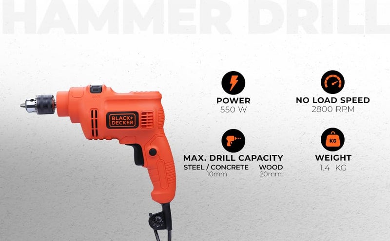 BLACK+DECKER KR5010 550W 10mm 2800 RPM Corded Single Speed Hammer Drill Driver Machine For Home & DIY Use for drilling into masonry, steel and wood, 1 Year Warranty, ORANGE & BLACK - Image 2