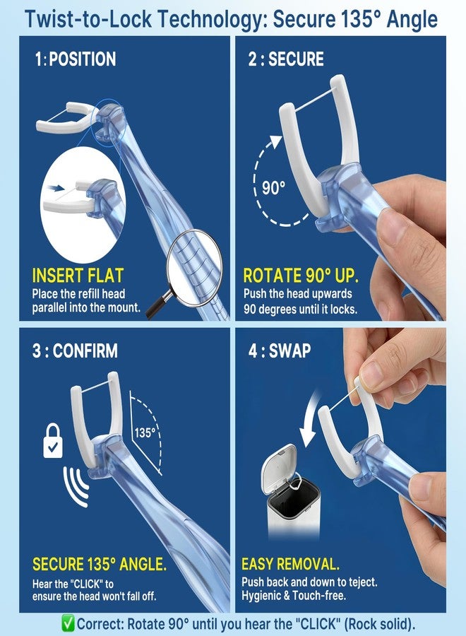 Bopika 135° Angled Flossers, Long Handle Dental Floss Picks for Deep Reach Back Teeth & Tight Spaces, Starter Kit with 1 Reusable Handles & 100 Twist-to-Lock Replacement Heads, Blue - Image 3