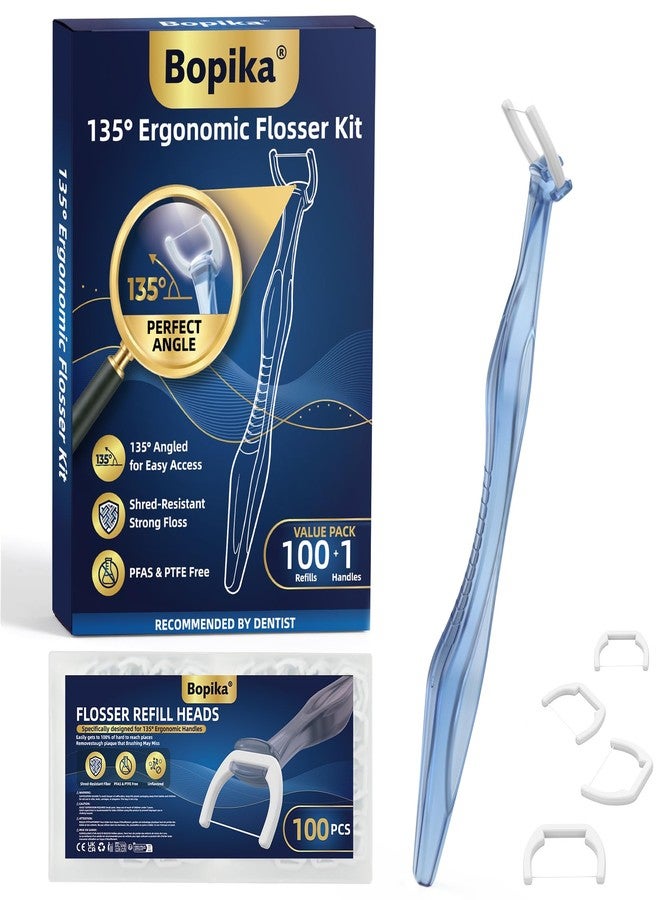 Bopika 135° Angled Flossers, Long Handle Dental Floss Picks for Deep Reach Back Teeth & Tight Spaces, Starter Kit with 1 Reusable Handles & 100 Twist-to-Lock Replacement Heads, Blue - Image 1