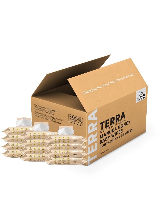 Terra مناديل تيرا بامبو للأطفال: عسل مانوكا، 99.5% ماء نيوزيلندي نقي، 100% ألياف بامبو قابلة للتحلل، 0% بلاستيك، مناديل أطفال غير معطرة للبشرة الحساسة، 12 عبوة تحتوي على 70 منديل - Image 1