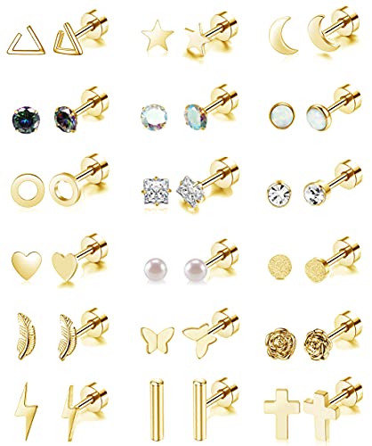 Staligue 18 Pairs Stainless Steel Stud Earrings Set for Women Men Star Moon flower Heart Leaf Opal 20G Cartilage Earrings Hypoallergenic Flatback Earrings Piercing Jewelry - Image 1