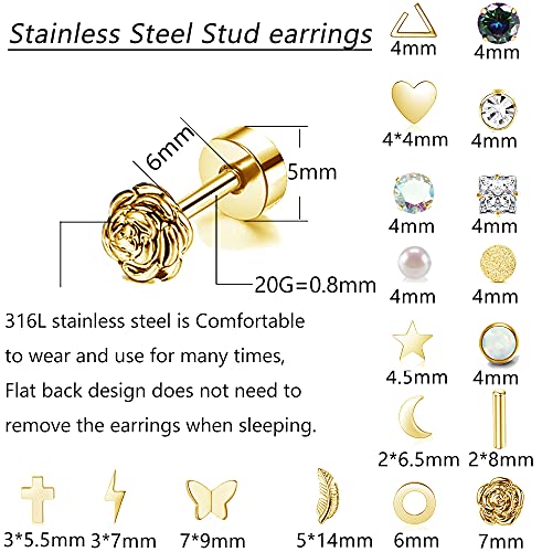 Staligue 18 Pairs Stainless Steel Stud Earrings Set for Women Men Star Moon flower Heart Leaf Opal 20G Cartilage Earrings Hypoallergenic Flatback Earrings Piercing Jewelry - Image 2