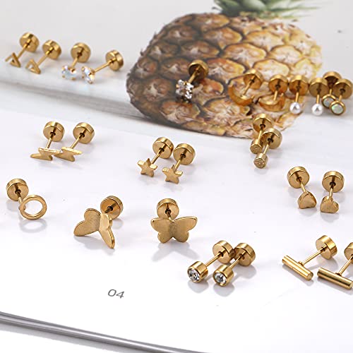Staligue 18 Pairs Stainless Steel Stud Earrings Set for Women Men Star Moon flower Heart Leaf Opal 20G Cartilage Earrings Hypoallergenic Flatback Earrings Piercing Jewelry - Image 3