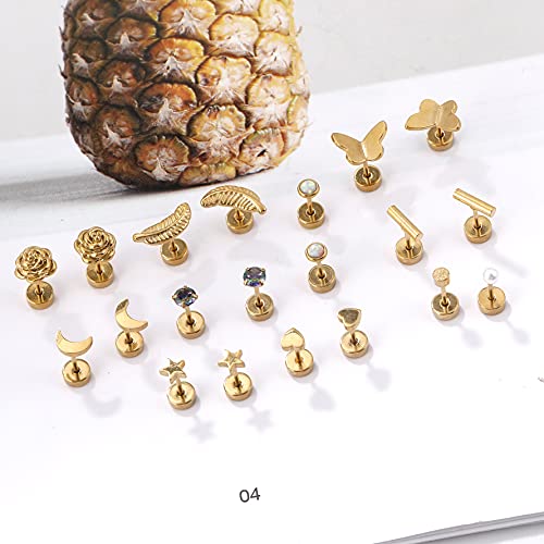 Staligue 18 Pairs Stainless Steel Stud Earrings Set for Women Men Star Moon flower Heart Leaf Opal 20G Cartilage Earrings Hypoallergenic Flatback Earrings Piercing Jewelry - Image 4