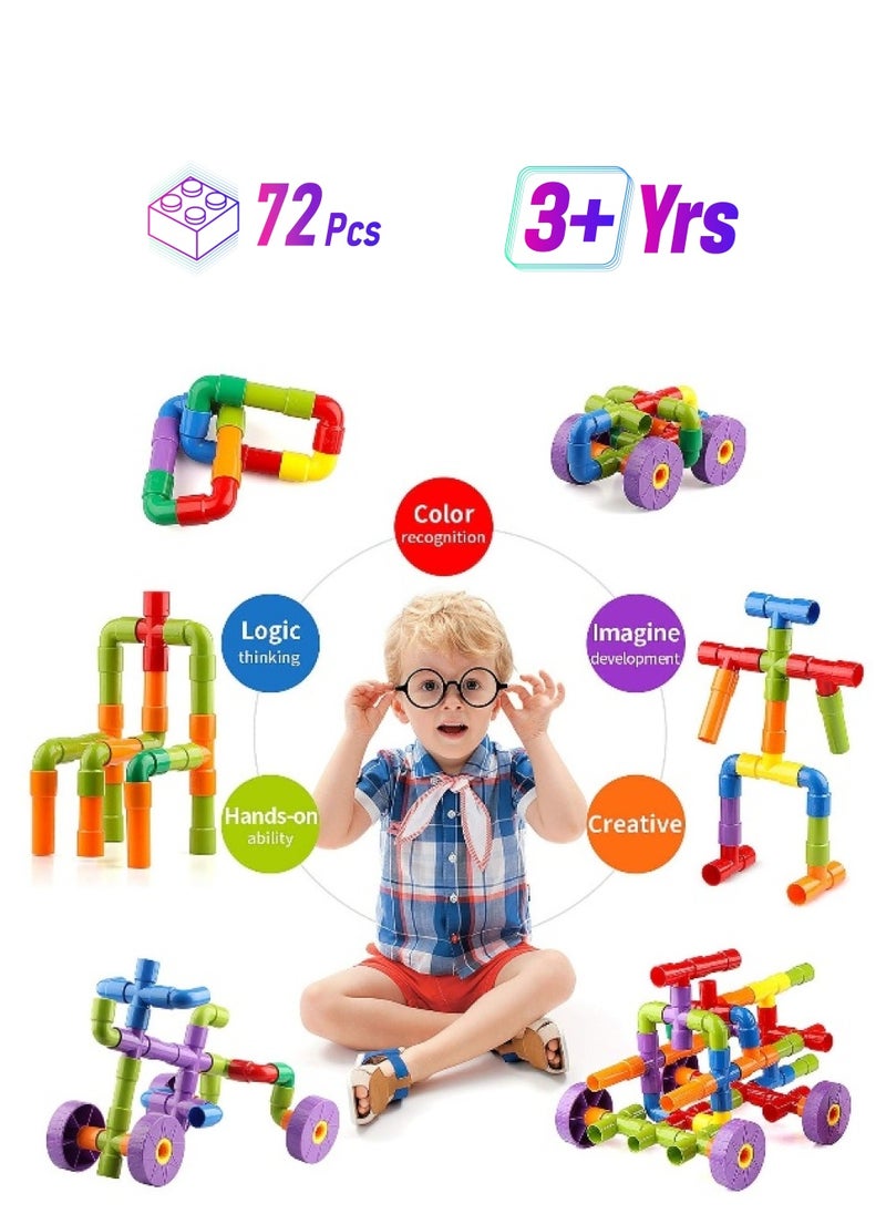 STEM Toy Pipe Tube Building Kit for Kids, 72 Pcs Creative Interlocking Construction Blocks Sets with Wheels Baseplate Educational Learning Preschool Gift for Tolddlers Boys Girls Age 3 4 5 6 7 8  - Image 1