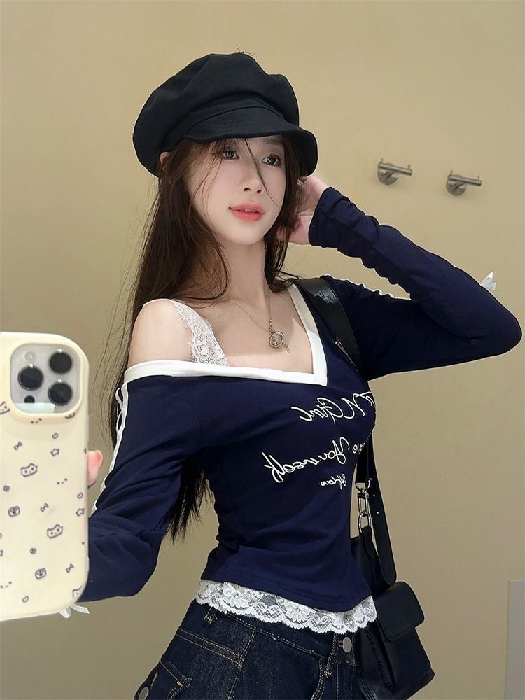 Bow Lace Stitching Long-Sleeved T-Shirt Women'S Autumn New Spice Girl Design Sense Slim-Fit Slimming Printed Top Ins - Image 3