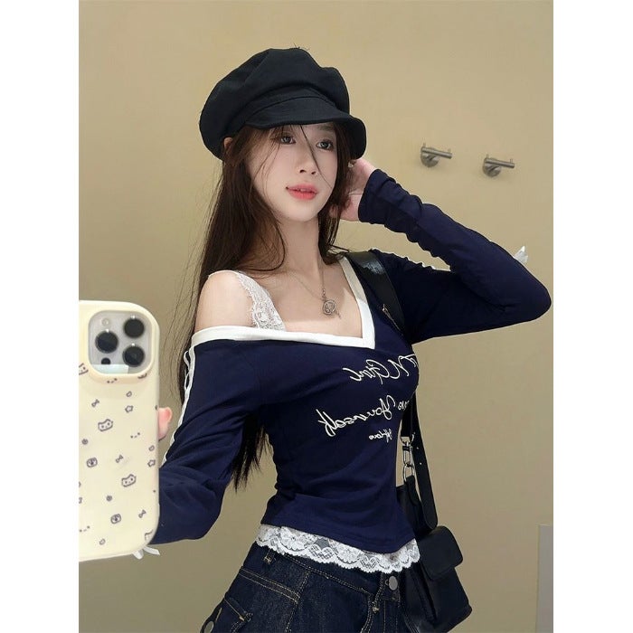 Bow Lace Stitching Long-Sleeved T-Shirt Women'S Autumn New Spice Girl Design Sense Slim-Fit Slimming Printed Top Ins - Image 1