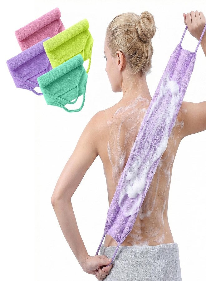 Exclaith 4Pcs Exfoliating Back Scrub, 4 Colores Extended Length Body Scrubber Cloth Towel for Shower Nylon Stretchable Bath Pull Strap for Body Cleans Skin Massages - Image 1