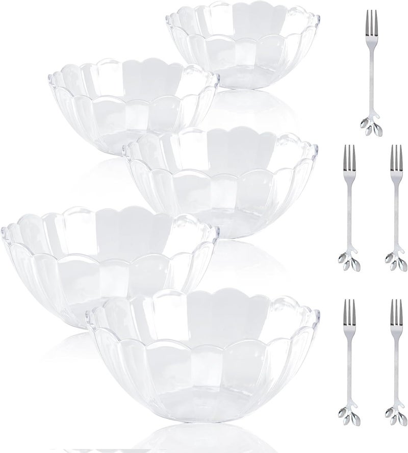 HOSTK 5Pcs Clear Salad Bowl Acrylic Serving Bowls Sets Unbreakable Mixing Bowls Stacking Snack or Chip Fruit Punch Dishes with 5pcs Forks for Kitchen Party Salad Candy Snack FlowerShape5 Sizes - Image 1