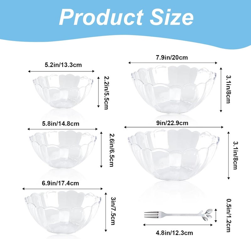 HOSTK 5Pcs Clear Salad Bowl Acrylic Serving Bowls Sets Unbreakable Mixing Bowls Stacking Snack or Chip Fruit Punch Dishes with 5pcs Forks for Kitchen Party Salad Candy Snack FlowerShape5 Sizes - Image 2