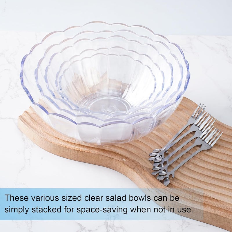 HOSTK 5Pcs Clear Salad Bowl Acrylic Serving Bowls Sets Unbreakable Mixing Bowls Stacking Snack or Chip Fruit Punch Dishes with 5pcs Forks for Kitchen Party Salad Candy Snack FlowerShape5 Sizes - Image 4