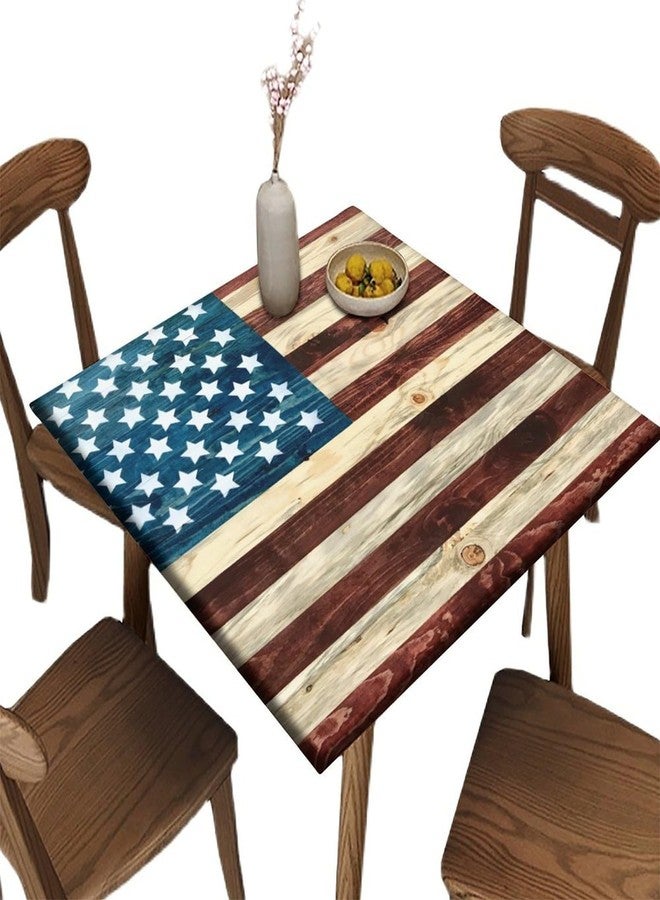 Bictucem Elastic Edge Square Fitted Tablecloth, Wood Grain USA Flag Polyester Table Cover, for Indoor Restaurant or Outdoor Patio Party Dining, Fit for 36" x 36"Square Table - Image 1