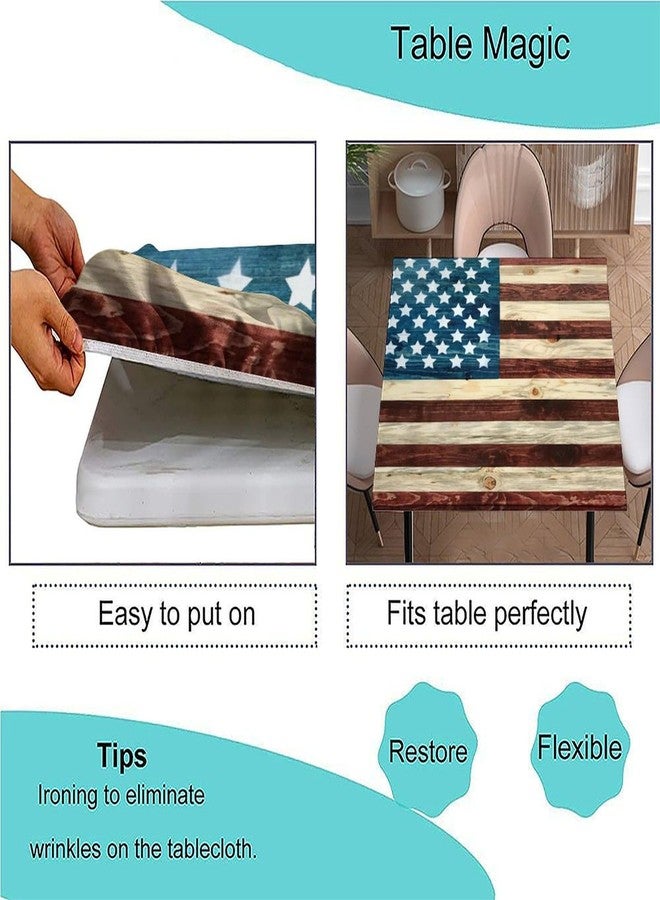 Bictucem Elastic Edge Square Fitted Tablecloth, Wood Grain USA Flag Polyester Table Cover, for Indoor Restaurant or Outdoor Patio Party Dining, Fit for 36" x 36"Square Table - Image 3