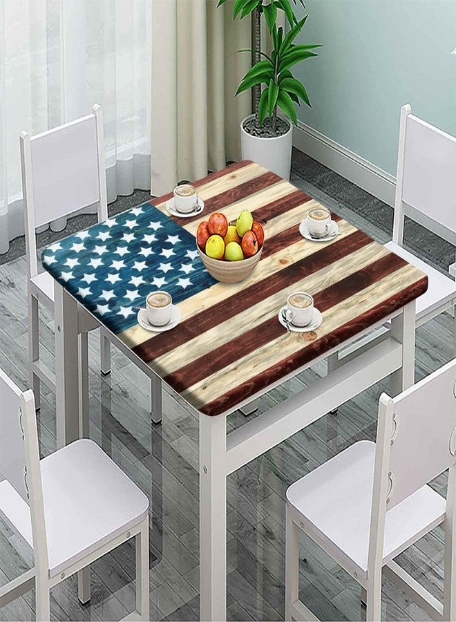Bictucem Elastic Edge Square Fitted Tablecloth, Wood Grain USA Flag Polyester Table Cover, for Indoor Restaurant or Outdoor Patio Party Dining, Fit for 36" x 36"Square Table - Image 2