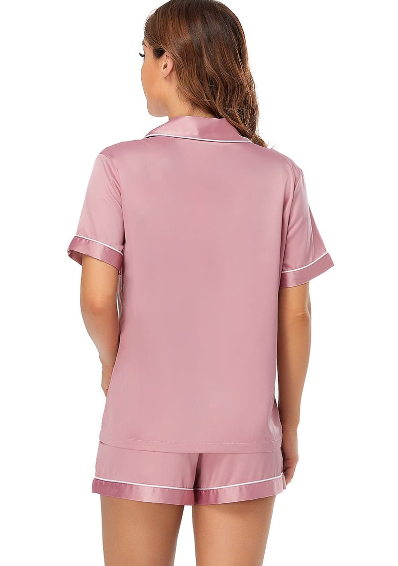 Serenedelicacy Women's Satin Pajama Set 2-Piece Sleepwear Loungewear Button Down Short Sleeve Silky PJ Set (Medium, Bridal Rose) - Image 2