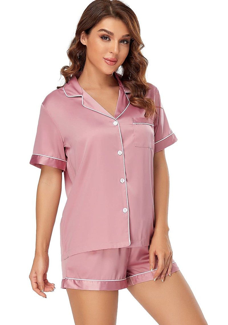 Serenedelicacy Women's Satin Pajama Set 2-Piece Sleepwear Loungewear Button Down Short Sleeve Silky PJ Set (Medium, Bridal Rose) - Image 3