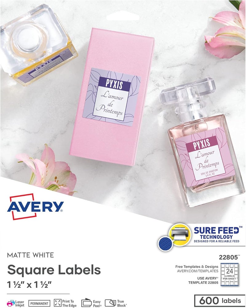AVERY Printable Blank Square Labels, 1.5" x 1.5", Matte White, 600 Customizable Labels (22805) - Image 1