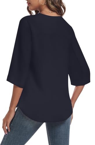 LAOLASI Womens Tops Casual Chiffon Blouses Summer Fashion Tee 2025 Soft Comfy Loose Fit Blouse Top for Leggings,Navy Blue,L - Image 2