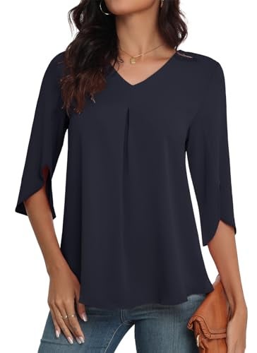 LAOLASI Womens Tops Casual Chiffon Blouses Summer Fashion Tee 2025 Soft Comfy Loose Fit Blouse Top for Leggings,Navy Blue,L - Image 4