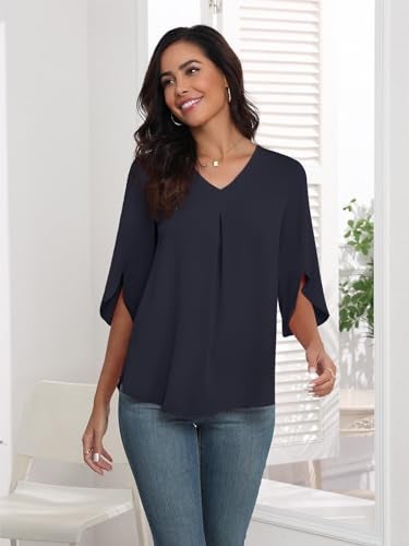 LAOLASI Womens Tops Casual Chiffon Blouses Summer Fashion Tee 2025 Soft Comfy Loose Fit Blouse Top for Leggings,Navy Blue,L - Image 5