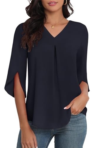 LAOLASI Womens Tops Casual Chiffon Blouses Summer Fashion Tee 2025 Soft Comfy Loose Fit Blouse Top for Leggings,Navy Blue,L - Image 1
